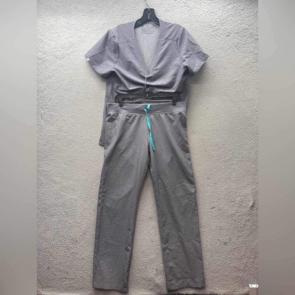 Figs Gray Jumpsuit with Teal Drawstring